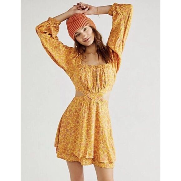 Free People Dress Womens Size Medium Gold Orange Jael Mini Floral Cutout Boho - Picture 1 of 14